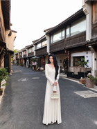 Lace-Trim Long-Sleeve Knit Evening Maxi Dress - White