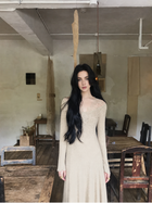 Lace-Trim Long-Sleeve Knit Evening Maxi Dress - White