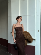 Brown Lace Bodice Ruched Maxi Dress - Brown