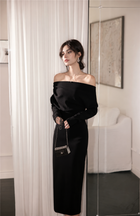 Long-Sleeve Ruched Cocktail Dress - Multiple Styles - Black / Off-Shoulder Long