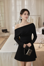 Long-Sleeve Ruched Cocktail Dress - Multiple Styles - Black / Off-Shoulder Mini