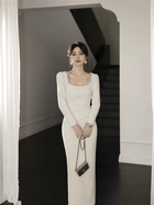 Long-Sleeve Ruched Cocktail Dress - Multiple Styles - Grey Almond / Square-Neck Long