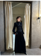 Black High Neck Keyhole Long Sleeve Maxi Dress - Black
