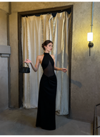 Black Sheer Mesh Twist Waist Halter Maxi Dress - Black