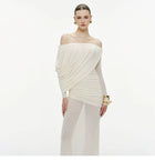 Off-Shoulder Ruched Mesh Evening Maxi Dress, white, front view