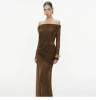 Off-Shoulder Ruched Mesh Evening Maxi Dress, brown, additional view