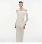 Off-Shoulder Ruched Mesh Evening Maxi Dress, white, additional view