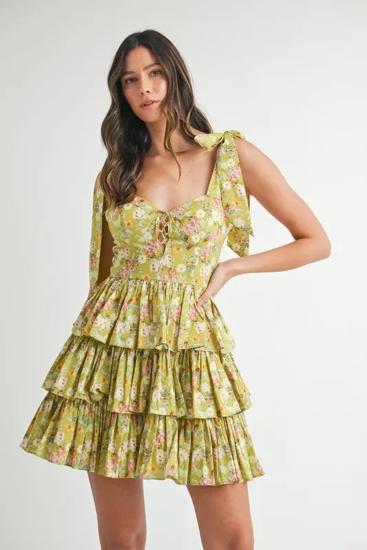 Floral Print Shoulder Tie Layered Mini Dress – Aveline