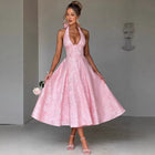 Women's Halter Jacquard Evening Dress with Open Back