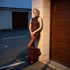 Women's High-Neck Sleeveless Rhinestone Mermaid Maxi Evening Dress