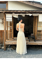 Ivory Polka Dot Ruched Halter Pleated Maxi Dress - detail or back view