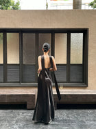 Keyhole Scarf Halter Satin Maxi Dress - detail or back view