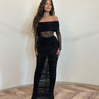 Women's Long-Sleeve Mesh Ruched Maxi Evening Dress