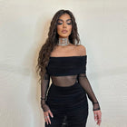 Women's Long-Sleeve Mesh Ruched Maxi Evening Dress
