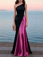 Women's One-Shoulder Satin Mermaid Maxi Evening Dress - Rose Red