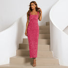 Women's Off-Shoulder Sequin Maxi Evening Dress - Pink