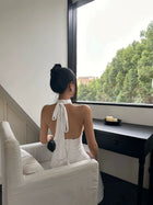 White Keyhole Halter Ruched Satin Maxi Dress - detail or back view