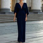 Women's V-Neck Batwing-Sleeve Ruched Maxi Evening Dress - Navy