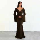 Women's Strapless Bell-Sleeve Bodycon Maxi Evening Dress - Brown - Style 45464