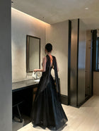 Scarf-Neck Pleated Satin Maxi Dress - detail or back view