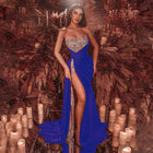 Women's Strapless Sequin Maxi Evening Dress with Slit - Blue