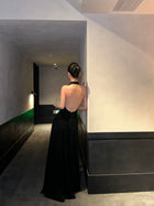 Open-Back Halter Maxi Dress with Ruched Waist - detail or back view
