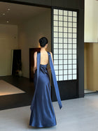Keyhole Scarf Halter Satin Maxi Dress - detail or back view