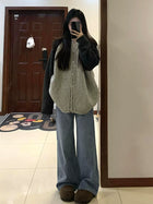 慵懒风灰色长袖开衫毛衣女秋季2026年新款拼接撞色针织衫上衣外套