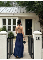 Navy Ring Front Ruched Drop Waist Maxi Dress - detail or back view