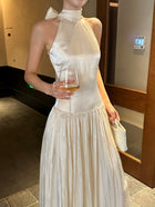 Scarf-Neck Pleated Satin Maxi Dress - detail or back view