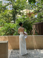 White Ruched Halter Corset Maxi Dress - detail or back view
