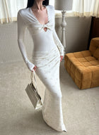 Ivory Floral Twist Front Long Sleeve Maxi Dress - detail or back view