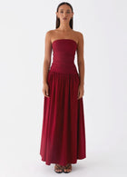 Strapless Ruched Maxi Evening Dress - Red