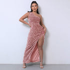 Women's One-Shoulder Sequin Evening Dress with Slit - Pink