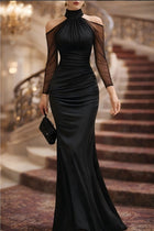 Women's Halter Long-Sleeve Tulle Maxi Evening Dress