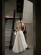 Ivory Contrast Bow Halter Maxi Dress - detail or back view