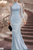 Women's Halter Long-Sleeve Tulle Maxi Evening Dress - Azure Blue