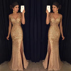 Women's Sequin Slit Maxi Evening Gown - Gold