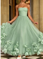 Strapless Pleated Ball Gown with Floral Detail - Green