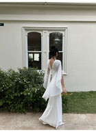 Ivory Ruched Mesh Cape Maxi Dress - detail or back view