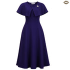 Women's Round-Neck A-Line Midi Evening Dress - Dark Blue with Brooch
