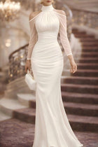 Women's Halter Long-Sleeve Tulle Maxi Evening Dress - White