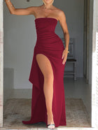 Strapless High-Slit Evening Dress - Burgundy