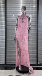 Sleeveless High-Slit Fringe Evening Dress - Pink