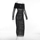 Women's Long-Sleeve Mesh Ruched Maxi Evening Dress