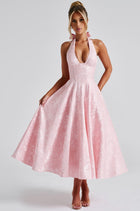 Women's Halter Jacquard Evening Dress with Open Back - Pink