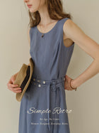 Women's Linen Lyocell Blend Sleeveless Midi Dress | A-Line Belted Dress