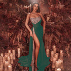 Women's Strapless Sequin Maxi Evening Dress with Slit - Green