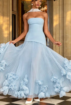 Strapless Pleated Ball Gown with Floral Detail - Blue