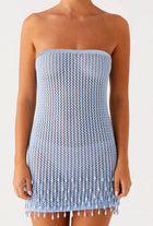 Women's Strapless Knit Fringe Evening Dress with Open Back